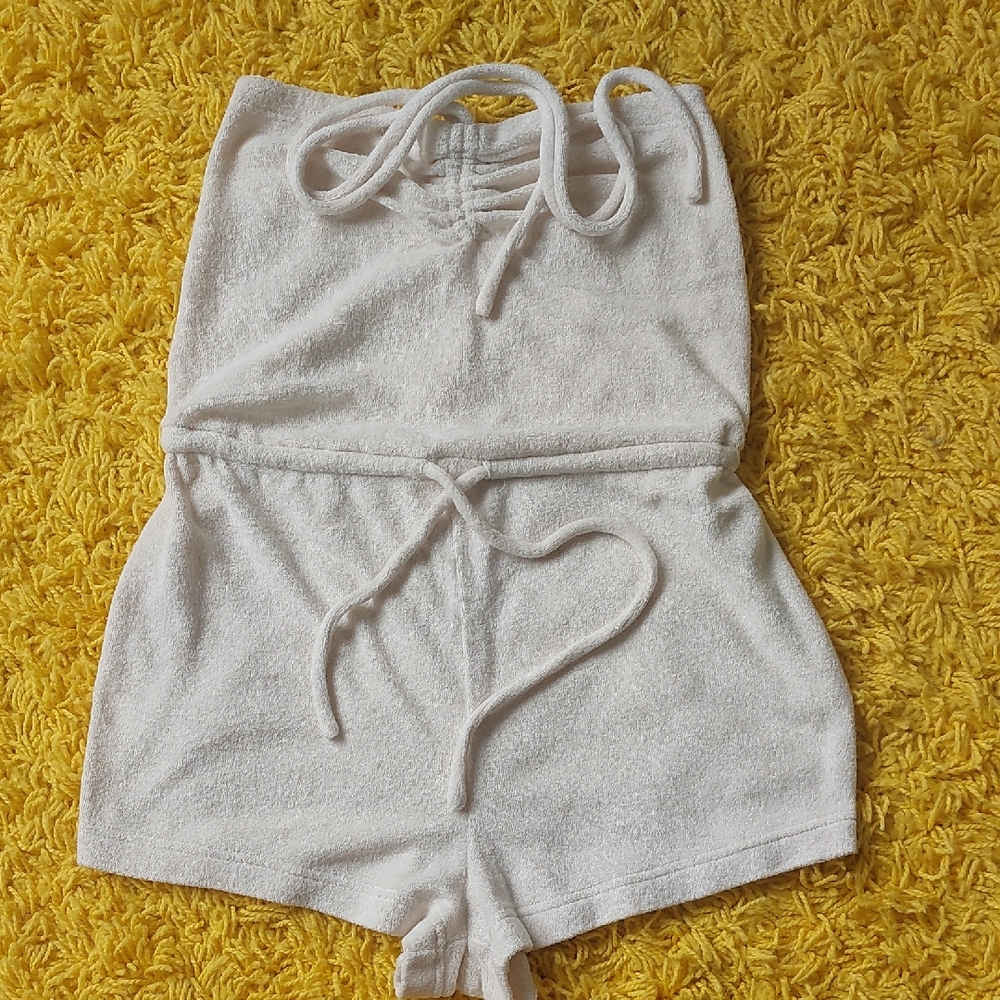 Cream Terrycloth Bathing Suit Coverup Romper With Drawstring Waist Size XS